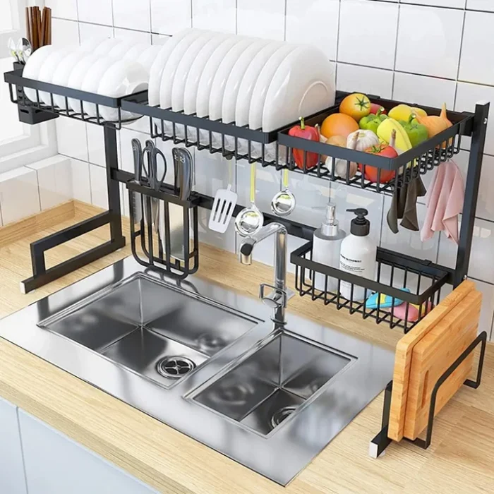 "Over-the-sink dish drying rack 85cm," "Stainless steel kitchen cutlery holder," "Space-saving dish rack for kitchen," "Rust-resistant over-sink dish drying shelf," "Large capacity dish drainer for modern kitchens."