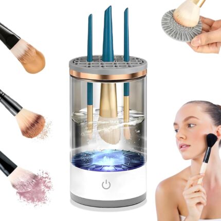 "Automatic makeup brush cleaner and dryer," "Fast spinning brush cleaner for makeup tools," "Electric brush cleaner for hygienic makeup application," "Deep cleaning makeup brush washing machine," "Portable automatic makeup brush washer and dryer."