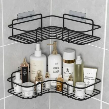 Wall-mounted metal corner rack for bathroom storage," "Rust-resistant bathroom shelf for toiletries and essentials," "Space-saving metal corner rack with durable design," "Black metal wall shelf for bathroom organization," "Easy-to-install corner rack for shower and bathroom.